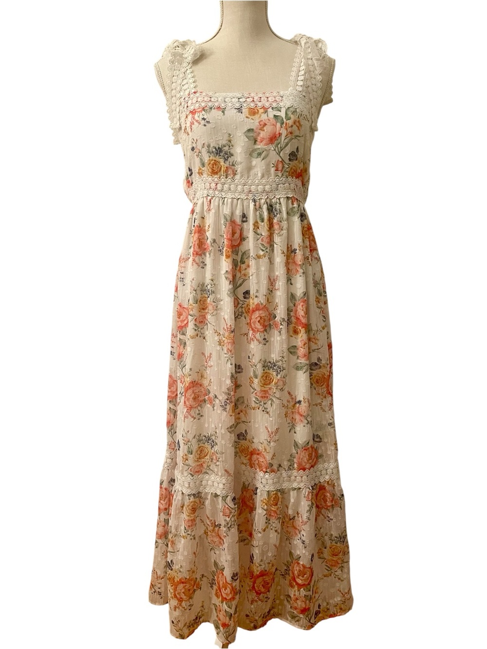 By The River Secret Rose Garden Midi Floral Tiered Sun Dress Size Medium - Picture 4 of 13